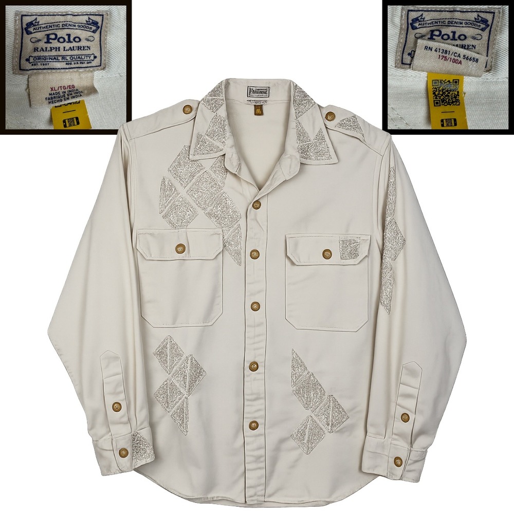 Polo Ralph Lauren Beaded Western Shirt Women XL Beige Twill Button Front Cowgirl